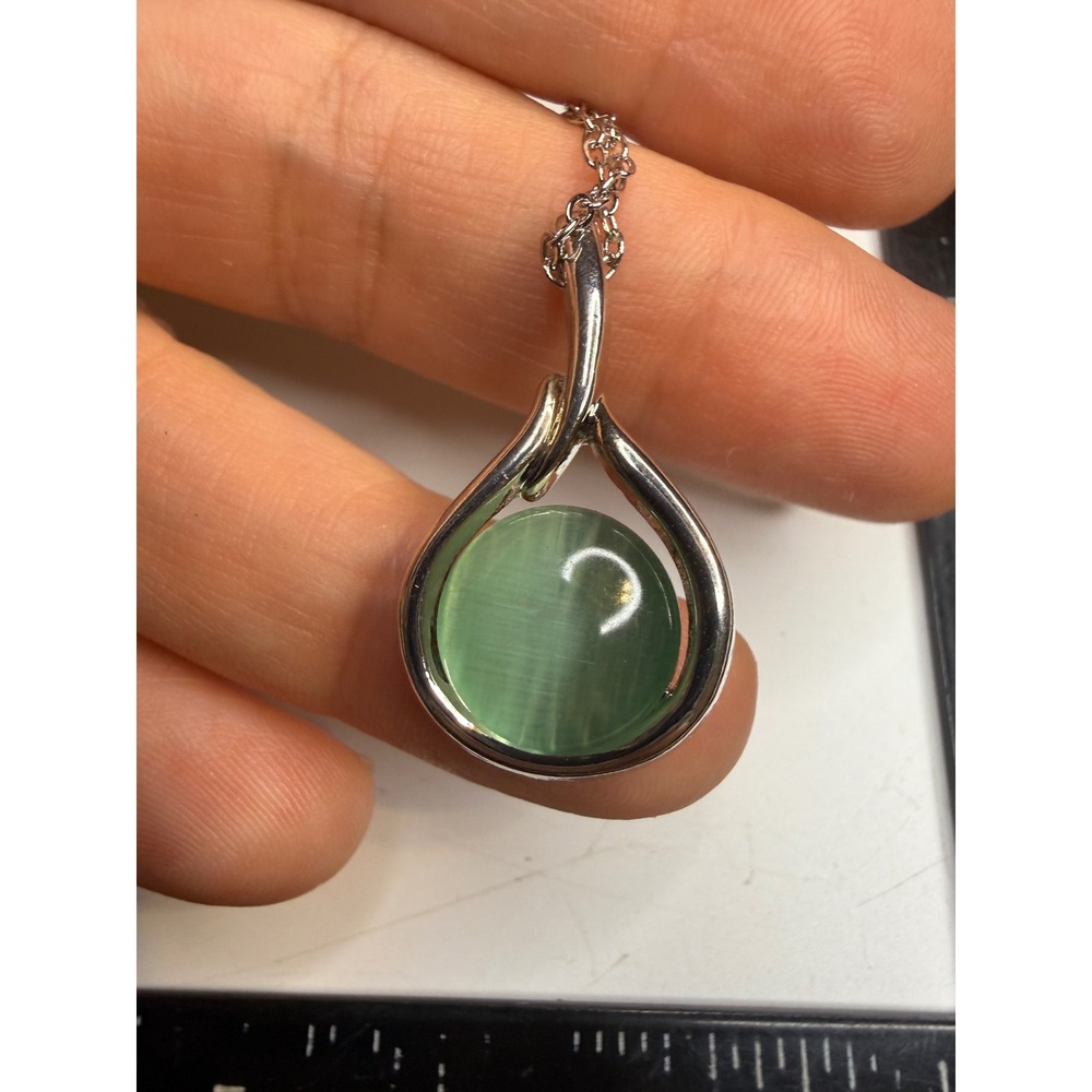 Silver Tone Green Cats Eye Teardrop Pendant Necklace Adjustable Cable Chain